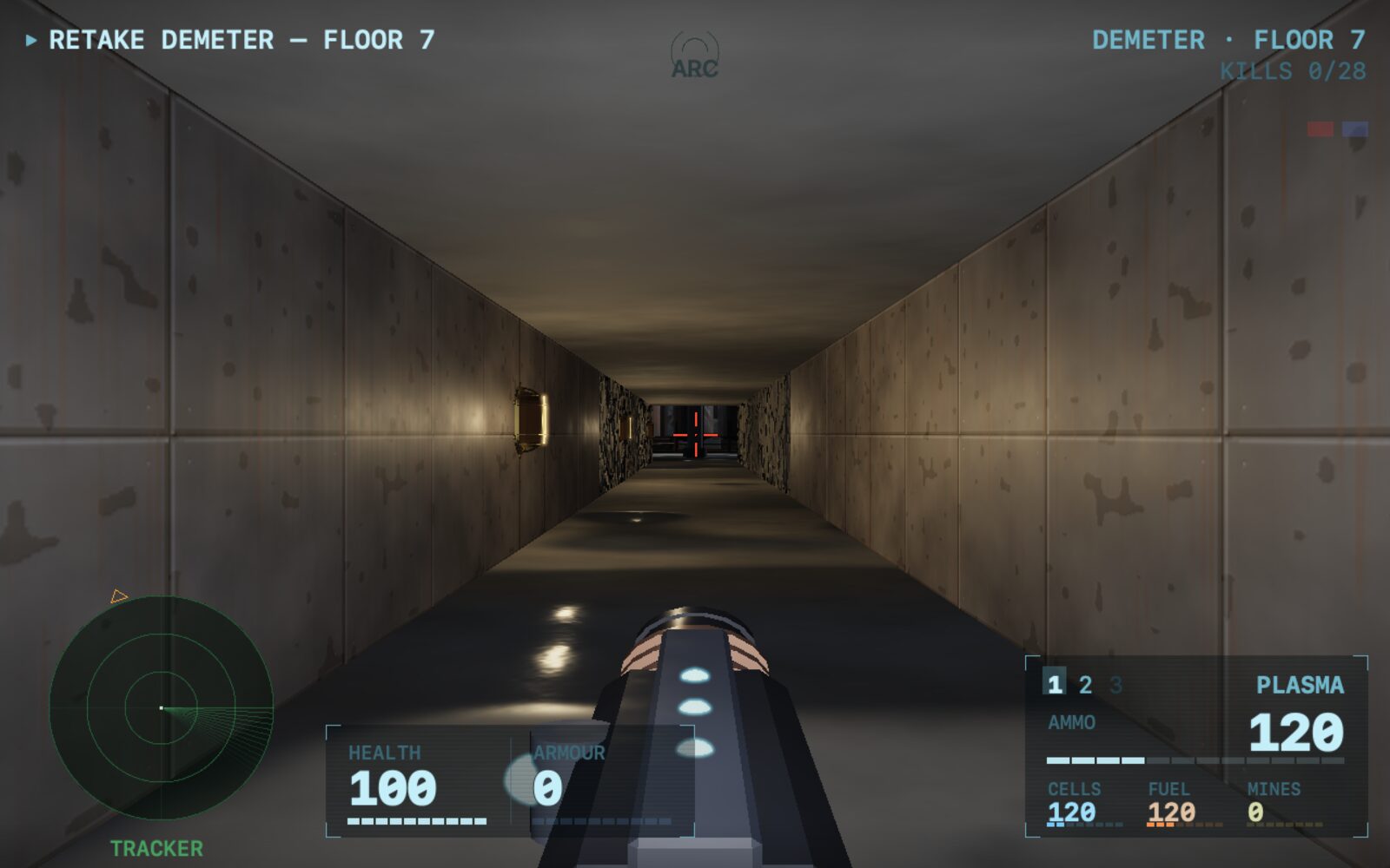 A dark corridor in Citadel, lit only by a bulkhead lamp and the marine's helmet lamp