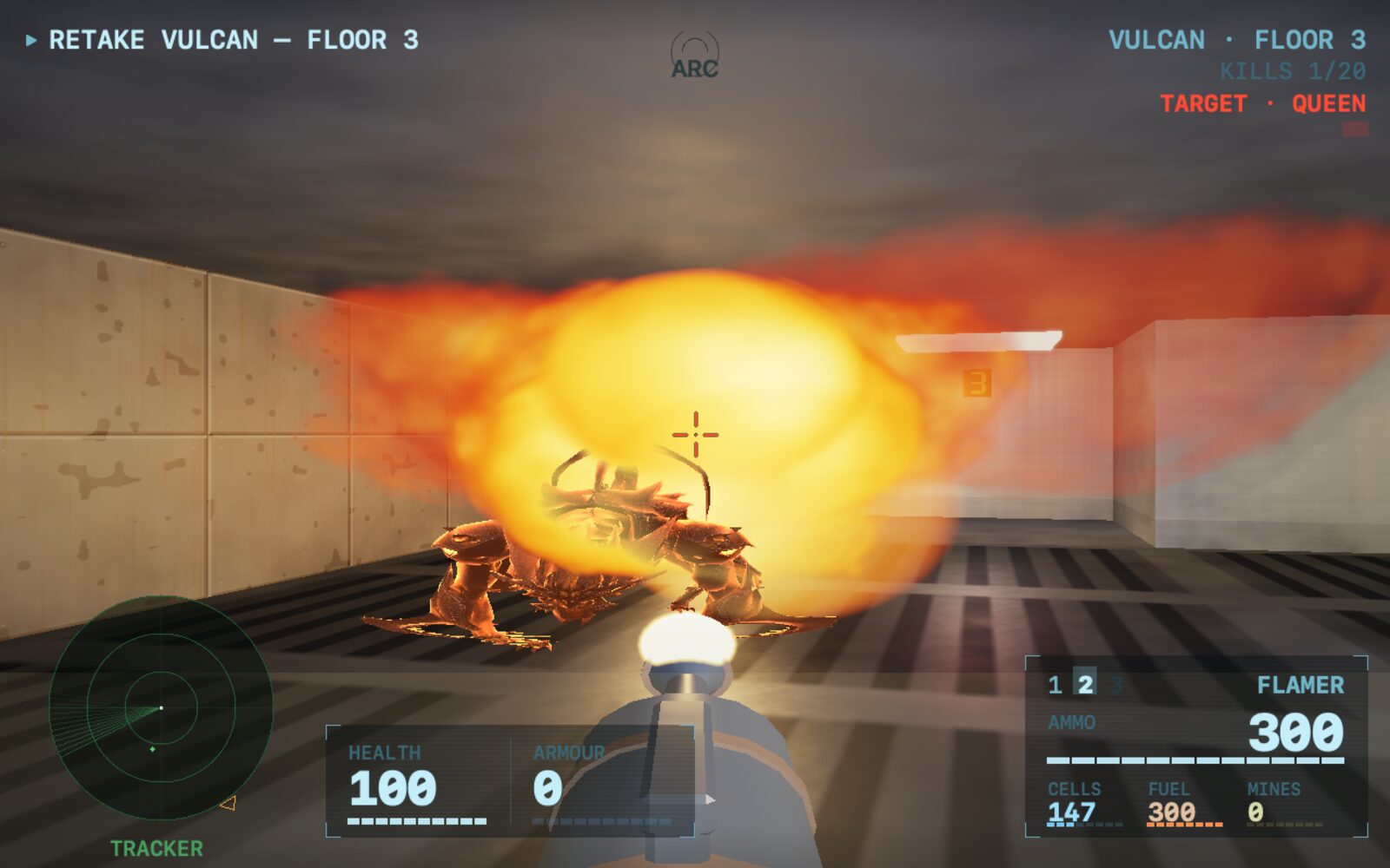 The flamethrower firing in Citadel, a drone caught in the stream of burning fuel