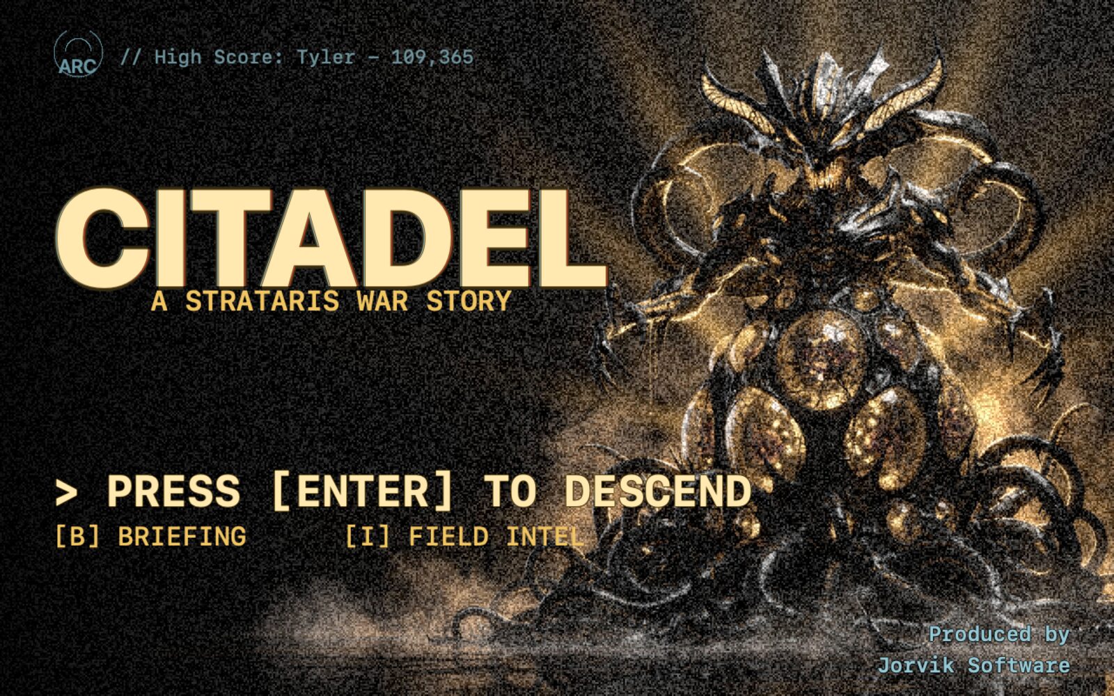 The title screen of Citadel, my macOS first-person shooter