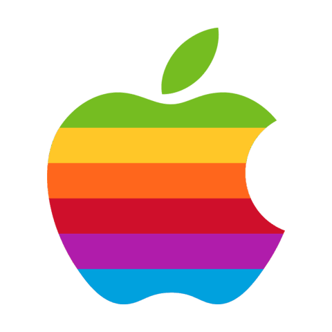 The 1977 Apple logo: a solid green leaf, a green shoulder, then yellow, orange, red, purple and blue bands across the fruit.