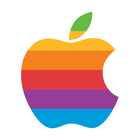 RainbowApple's old rendering: the leaf green at the tip and yellow at the base, the apple's shoulder yellow, and only five colours on the fruit.