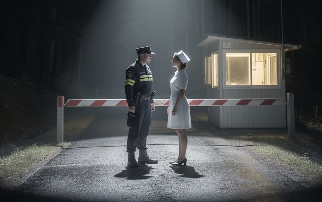 A uniformed security guard and a nurse facing each other on a road at a lowered barrier, beside a lit gatehouse in dark woodland