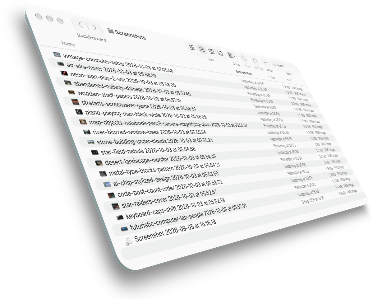 A macOS Finder window listing a selection of screenshots that were automatically renamed by Nomen.
