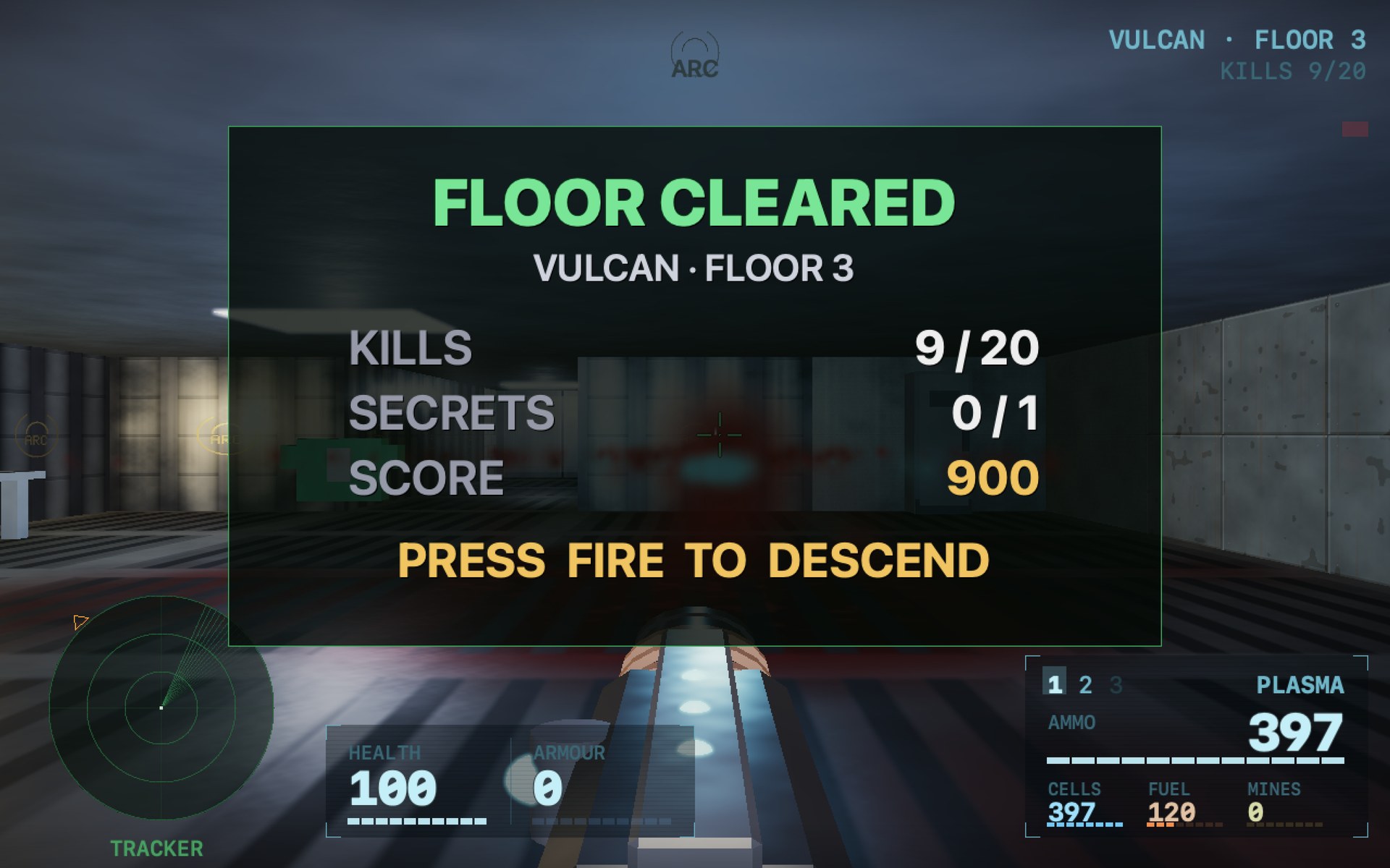 The FLOOR CLEARED panel inside the freight elevator car, listing kills, secrets and score, with a prompt to press fire to descend.