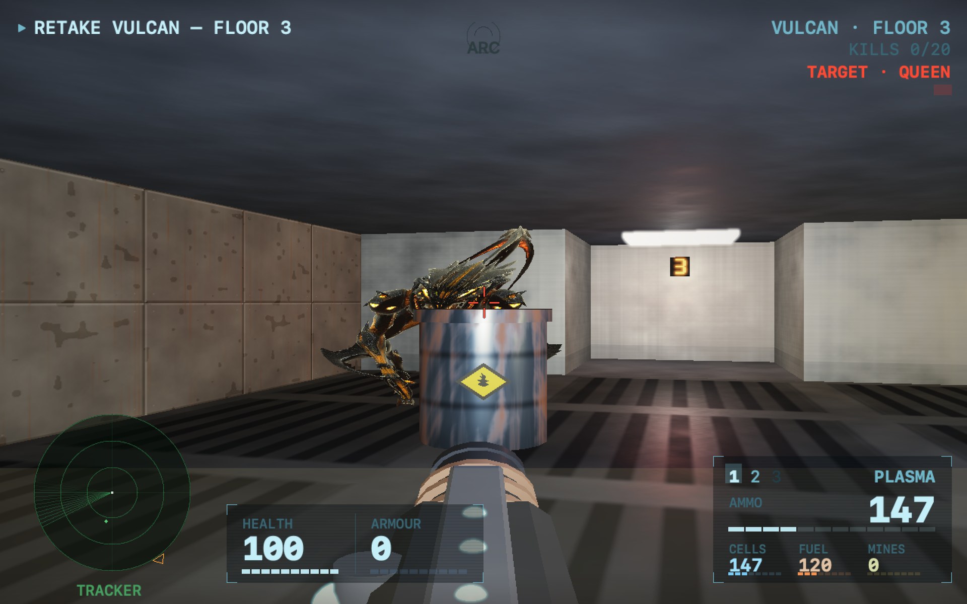 First-person view down a lit corridor: a drone comes over a fuel drum toward the player, the plasma rifle raised, the visor HUD showing health, armour and ammunition.