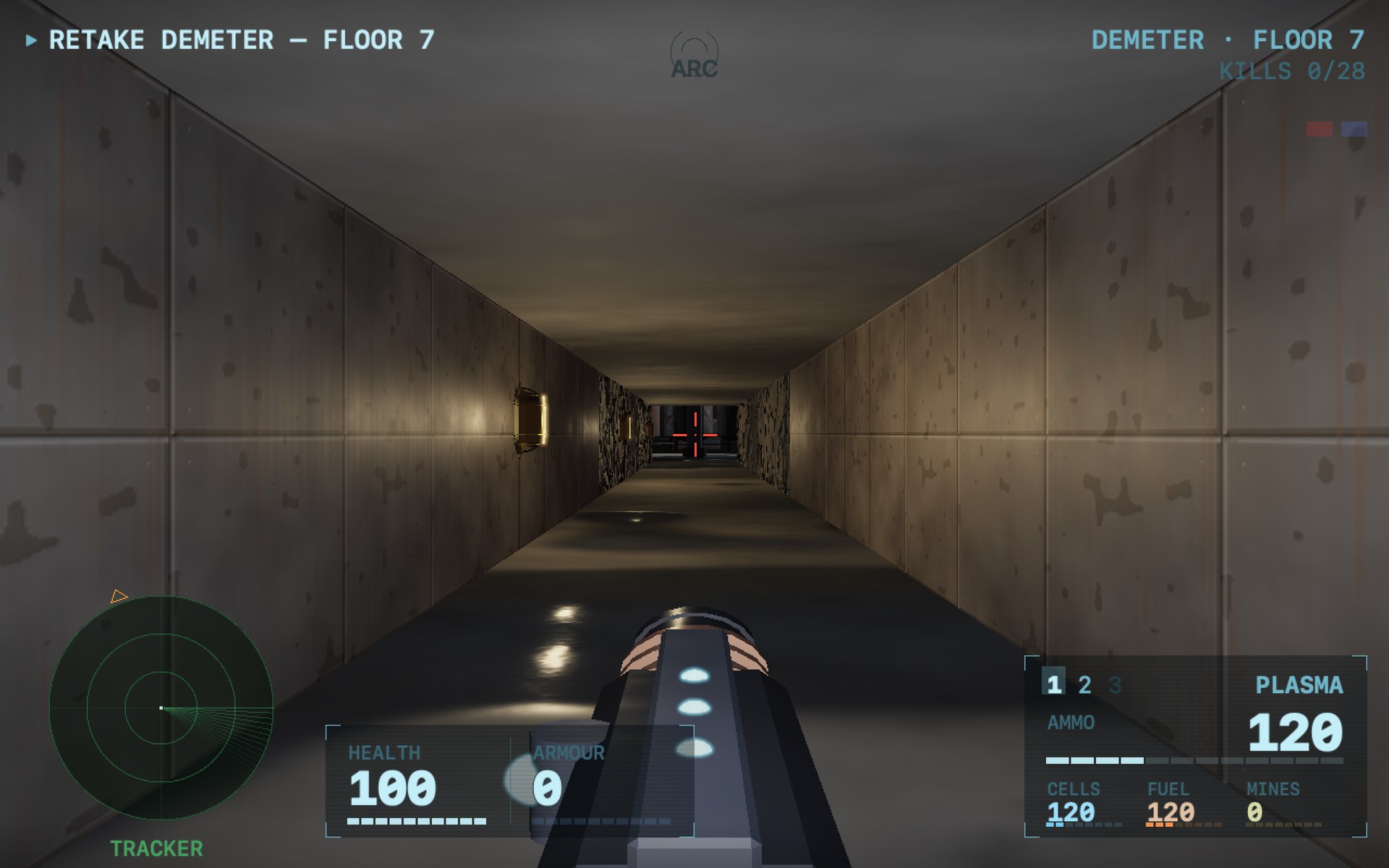 A long concrete corridor on a plant floor, an amber bulkhead lamp glowing on the left wall, standing water reflecting the light, and the far end falling away into darkness and bare rock.