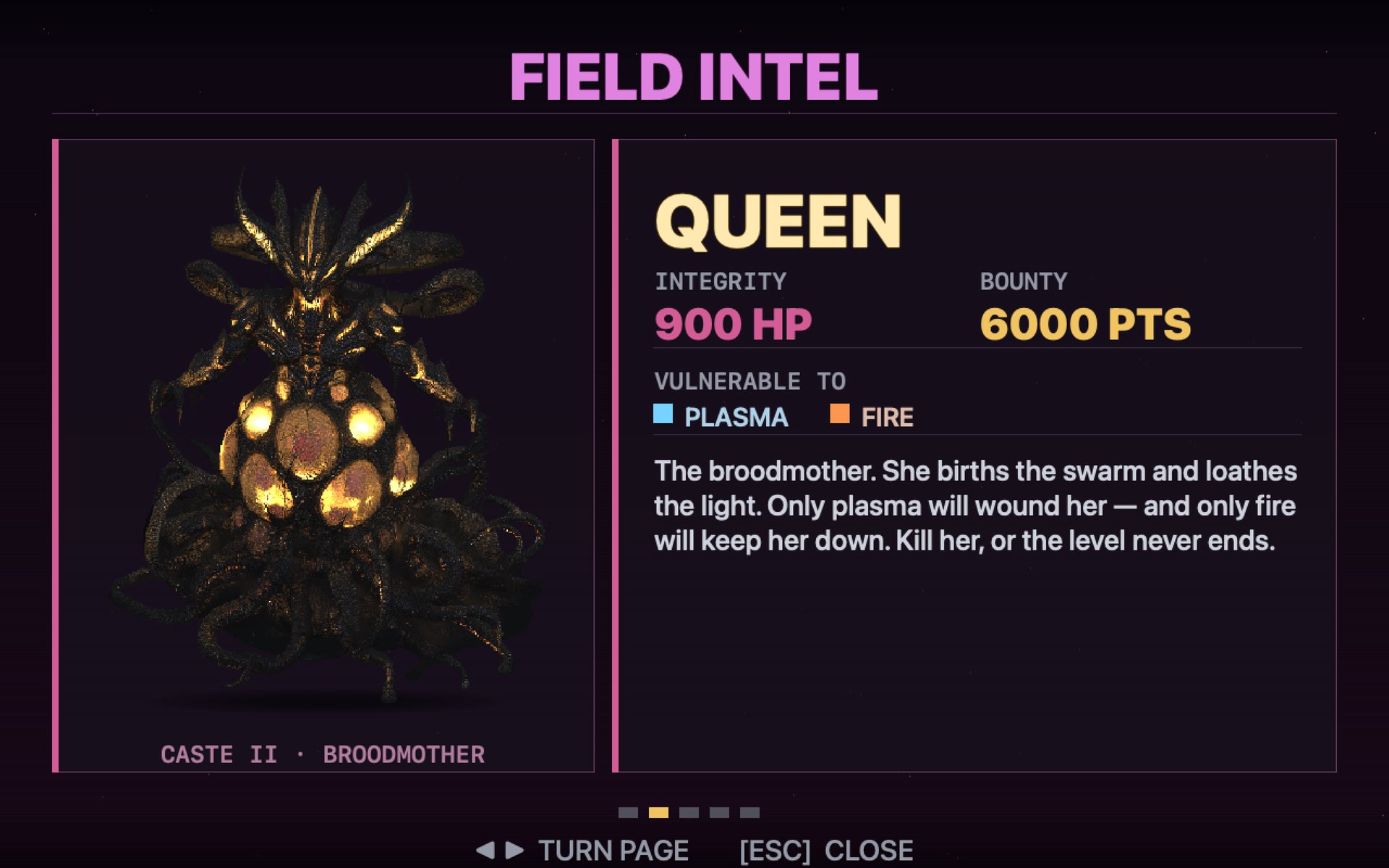 The FIELD INTEL dossier page for the Queen: a rendered portrait of the broodmother beside her integrity, bounty, vulnerabilities and a threat description.