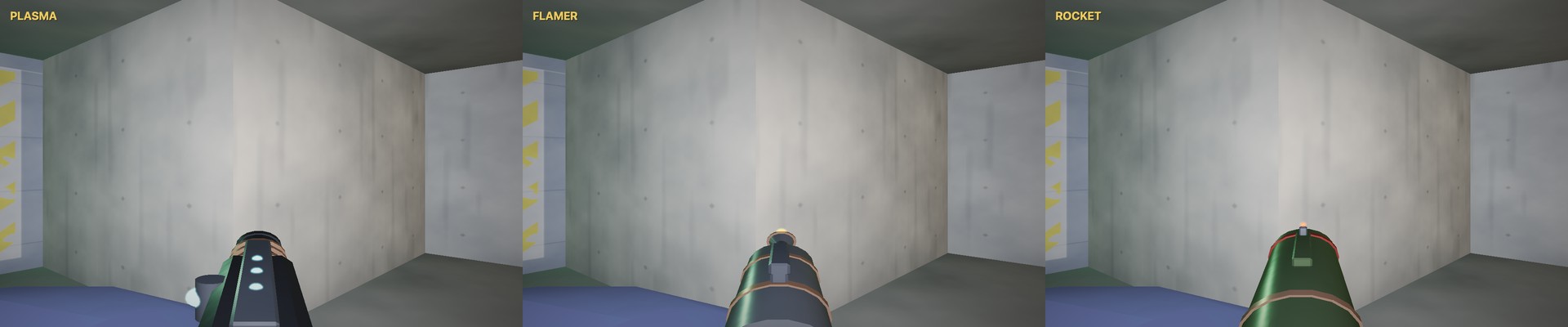 The three weapons as held in first person, side by side: the plasma rifle, the flamethrower and the rocket launcher.